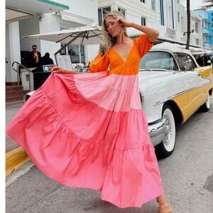 Vestique Colorblock Maxi Pink Orange Tiered Dress Cottagecore Prarie Vacation Sm